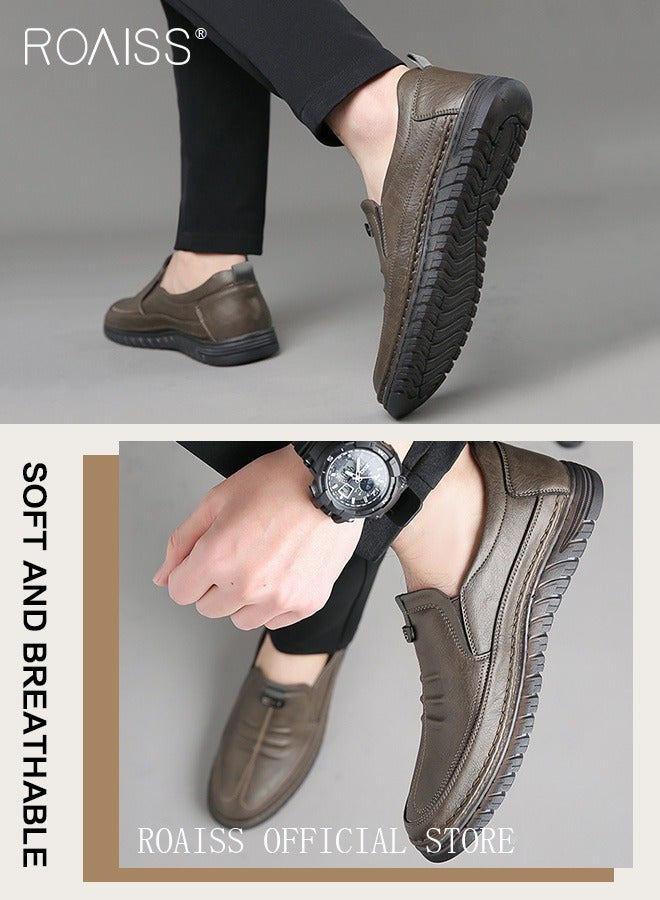 Men Business Casual Shoes Genuine Leather Shoes with Crocodile Pattern Slip Resistant Soft Sole Lace Free Design