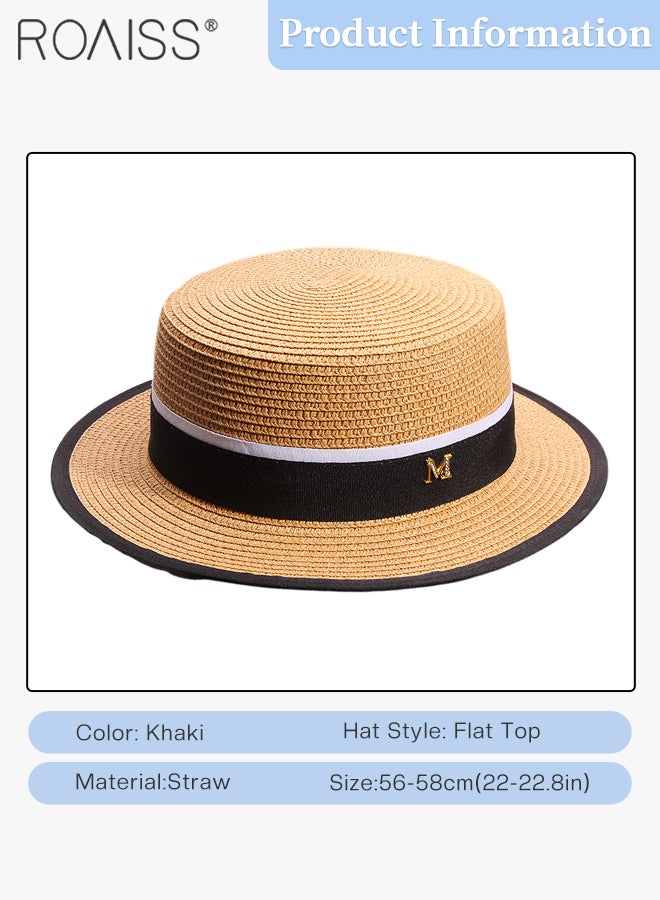 Classic Flat Top Straw Hat for Women Summer Beach Hat Vacation Sunshade Sunscreen Woven Hat Letter Decor Sun Hat Fashion Accessories