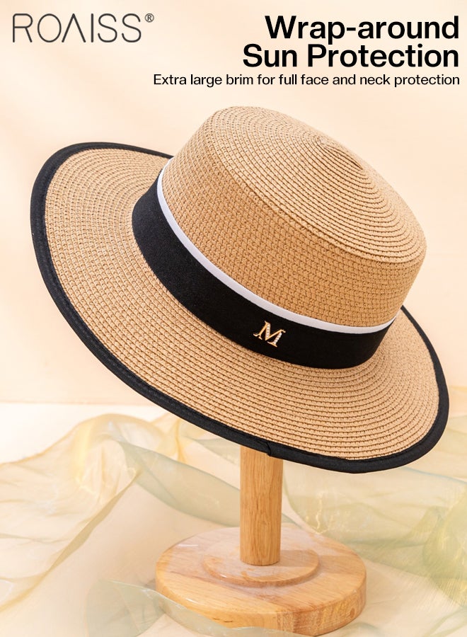 Classic Flat Top Straw Hat for Women Summer Beach Hat Vacation Sunshade Sunscreen Woven Hat Letter Decor Sun Hat Fashion Accessories