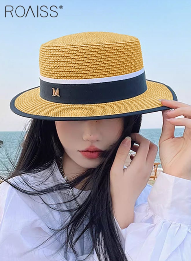 Classic Flat Top Straw Hat for Women Summer Beach Hat Vacation Sunshade Sunscreen Woven Hat Letter Decor Sun Hat Fashion Accessories