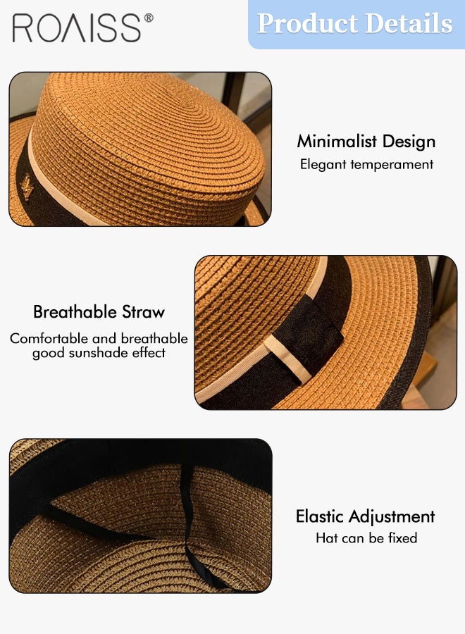 Classic Flat Top Straw Hat for Women Summer Beach Hat Vacation Sunshade Sunscreen Woven Hat Letter Decor Sun Hat Fashion Accessories