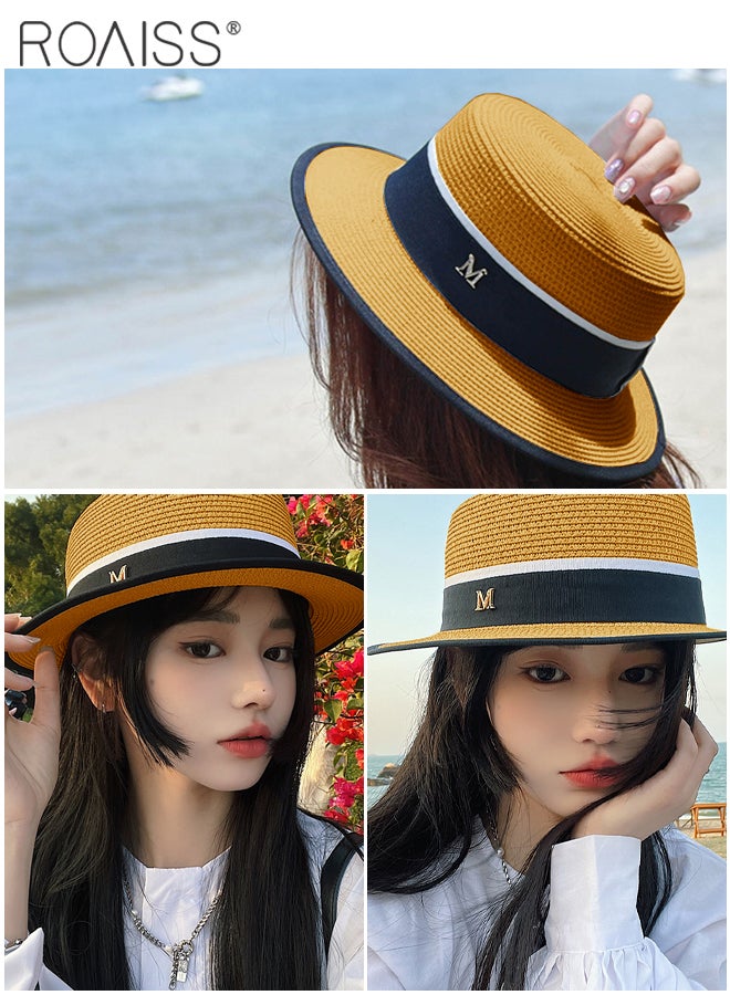 Classic Flat Top Straw Hat for Women Summer Beach Hat Vacation Sunshade Sunscreen Woven Hat Letter Decor Sun Hat Fashion Accessories