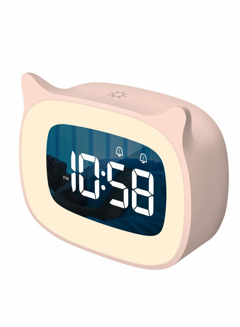 Kids Alarm Clock, Digital Desk Clock for Bedroom with Night Light Stepless Dimming, Cute Cat Ear Bedside Students Boys Girls