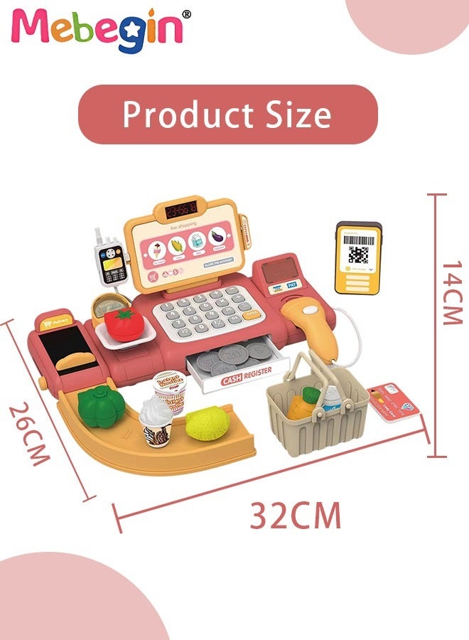 Cash Register Toy Playset for Kids with Scanner Voice Broadcast and Weighing Function, Pretend Play Calculator Cash Register with Money Credit Card, Multifunction Play Store Money Bank