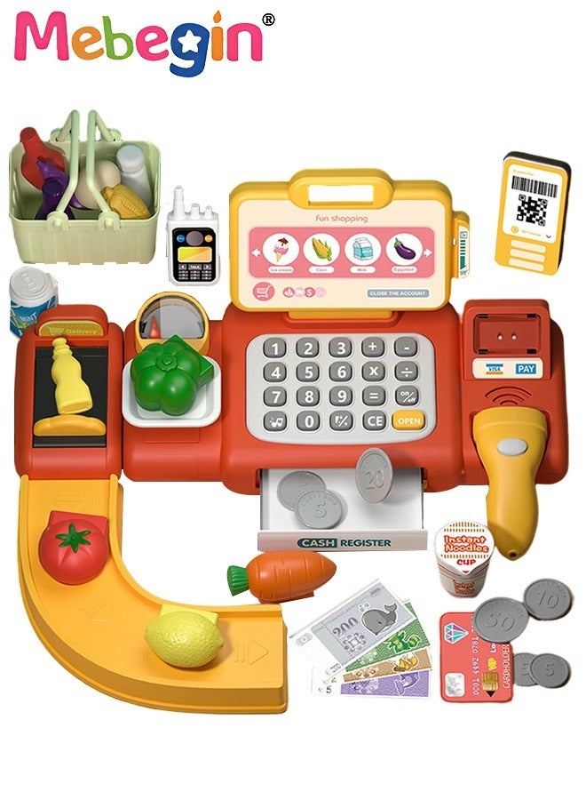 Cash Register Toy Playset for Kids with Scanner Voice Broadcast and Weighing Function, Pretend Play Calculator Cash Register with Money Credit Card, Multifunction Play Store Money Bank