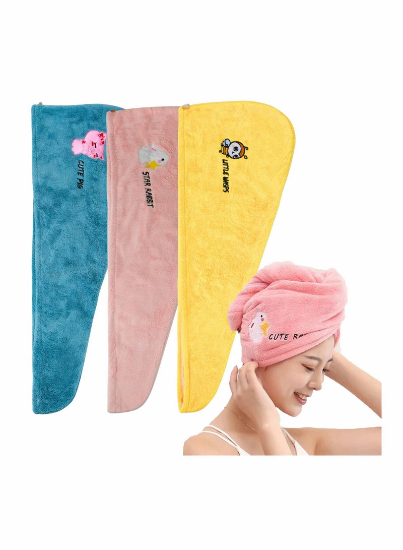 Hair Drying Towel Microfiber Wrap with Buttons Super Absorbent Twist Turban Shower Gift for Kids and Women (3pcs-Single Layer)