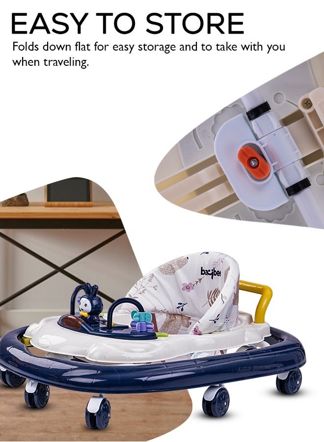 Zato Baby Walker for Kids, Foldable Kids Walker with 3 Position Adjustable Height & Musical Toy Bar Activity Walker for Toddlers Walker for Baby Boy Girl 6 to 18 Months Dark Blue