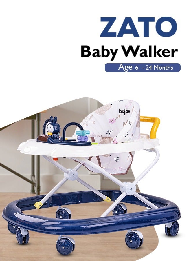 Zato Baby Walker for Kids, Foldable Kids Walker with 3 Position Adjustable Height & Musical Toy Bar Activity Walker for Toddlers Walker for Baby Boy Girl 6 to 18 Months Dark Blue