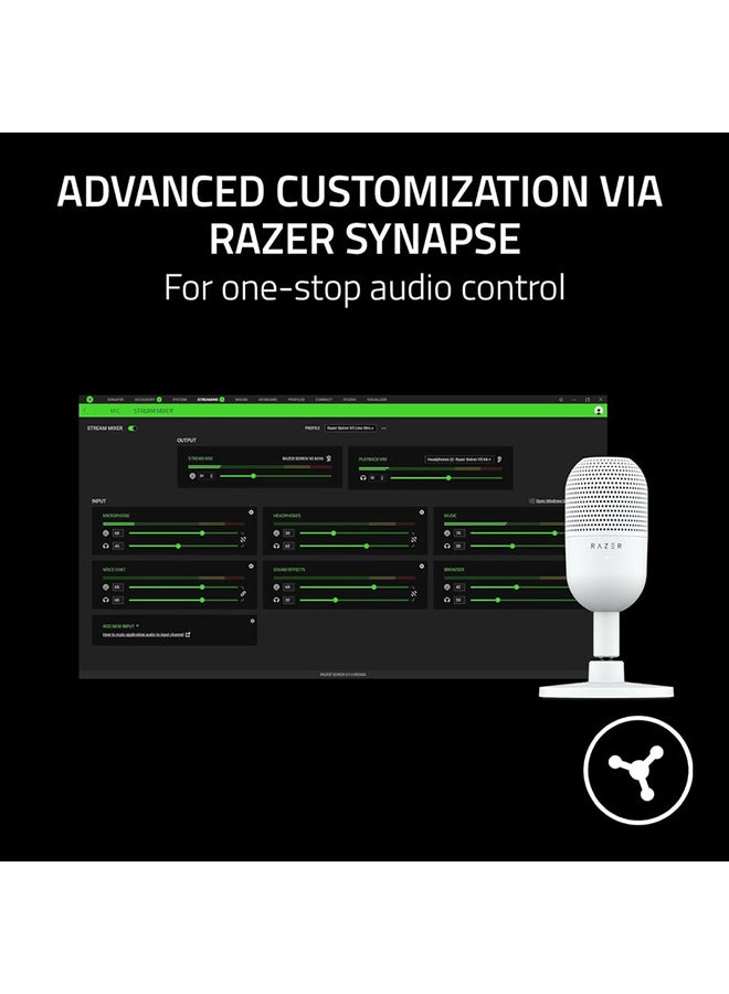 Razer Seiren V3 Mini USB Microphone, Condenser Mic, Supercardioid Pickup Pattern, Tap-to-Mute Sensor with LED Indicator, Shock Absorber, Ultra Compact, PC, Discord, OBS Studio, XSplit - White