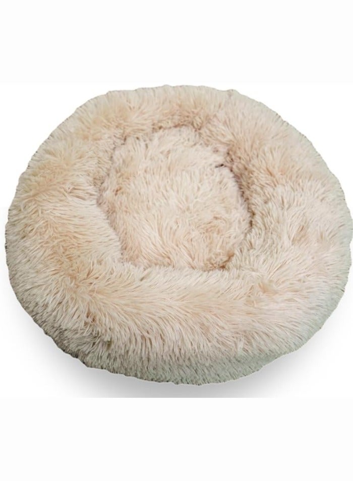 ComfyCraze Donut Shaped Cat Bed (Beige) - Cozy Pet Haven - Raised Edges, Super Warm Plush Fur, 60cm Diameter - Non-Slip Bottom, Removable & Washable - Ideal for Small/Medium Pets