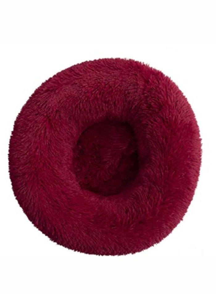 ComfyCraze Donut Shaped Cat Bed (Dark Red) - Cozy Pet Haven - Raised Edges, Super Warm Plush Fur, 60cm Diameter - Non-Slip Bottom, Removable & Washable - Ideal for Small/Medium Pets