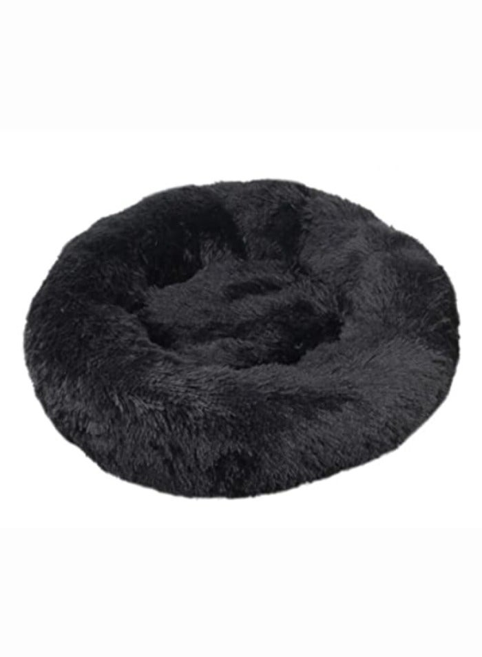 ComfyCraze Donut Shaped Cat Bed (Black) - Cozy Pet Haven - Raised Edges, Super Warm Plush Fur, 60cm Diameter - Non-Slip Bottom, Removable & Washable - Ideal for Small/Medium Pets