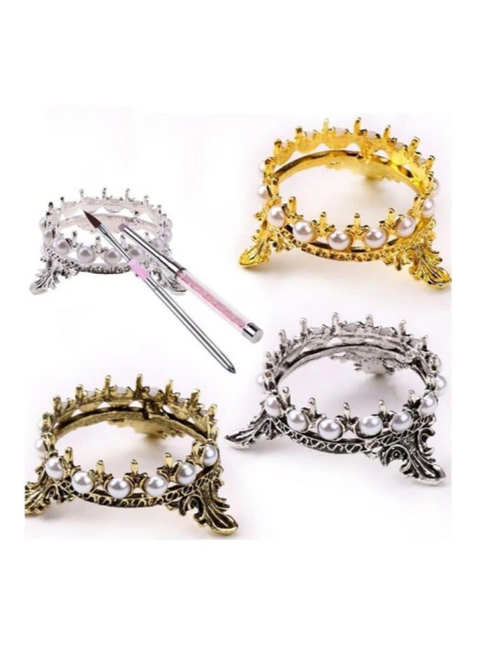 Set of 2 Crown Nail Art Painting Pen Brush Stand Rack Holder with Faux Pearl Decoration