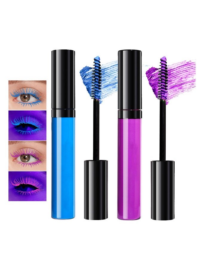 2Pcs Colored Mascara Blacklight Neno Mascara Waterproof Mascara Colorful Eyelashes Grow In The Dark Rainbow Eye Makeup For Rave Halloween Festival(Blue+Purple)