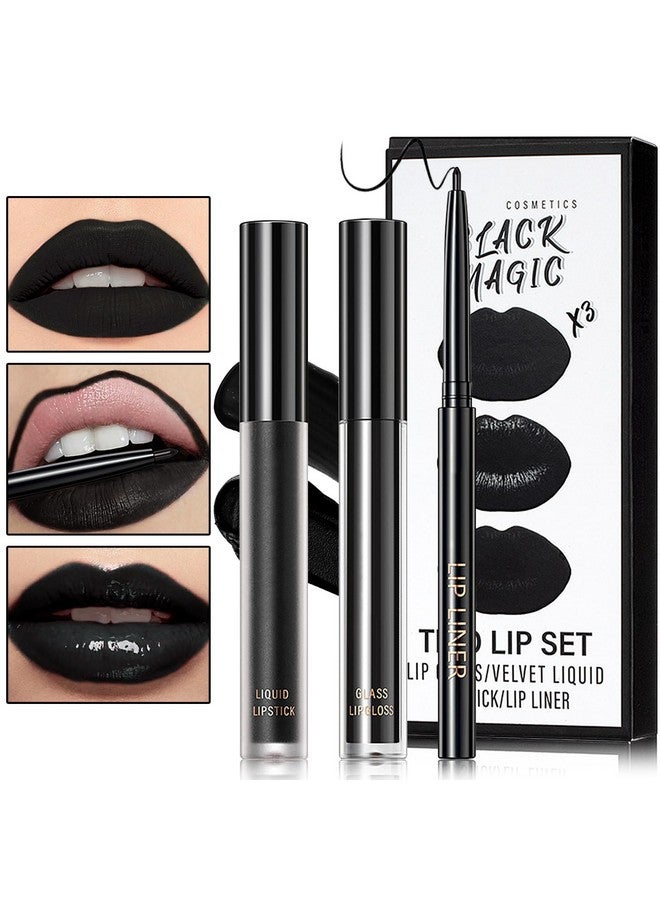 Black Matte Liquid Lipstick3 In 1 Black Lip Liner And Lipstick Setmatte Lip Gloss Long Lasting Moisturizing Velvet Lipgloss Make Up Gift Set Cosplay Goth Halloween Special Effects Makeup Kit