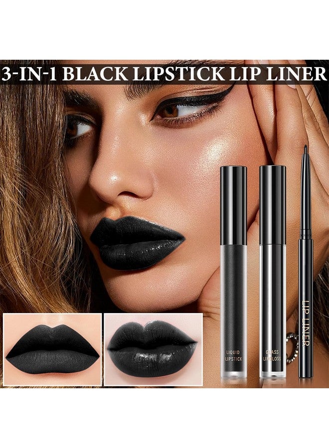 Black Matte Liquid Lipstick3 In 1 Black Lip Liner And Lipstick Setmatte Lip Gloss Long Lasting Moisturizing Velvet Lipgloss Make Up Gift Set Cosplay Goth Halloween Special Effects Makeup Kit