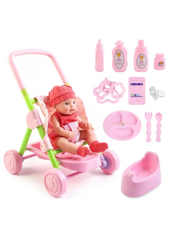 Baby Doll Stroller Set12 Inch Doll Playset With Smooth Rolling 11Pcs Baby Doll Accessoriesgreat Baby Doll Pretend Toy For 3 4 5 Girls