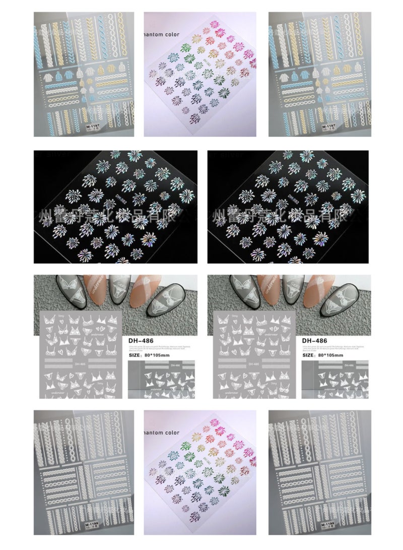 10 Sheets 5D  Nail Art Adhesive Sticker MQZONE Different Nail Art Sticker 5D Self-Adhesive Nail Art Decoration