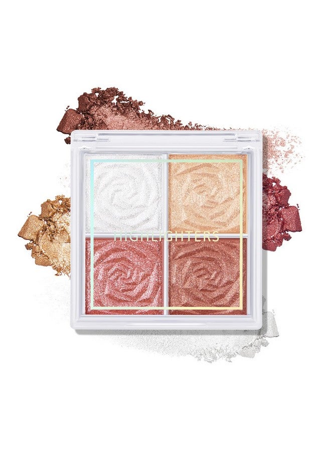 Blush And Highlighter Palette 4Color Metallic Shimmer Shadow Powder Illuminator Makeup Set For Shading Highlighting & Defining The Face