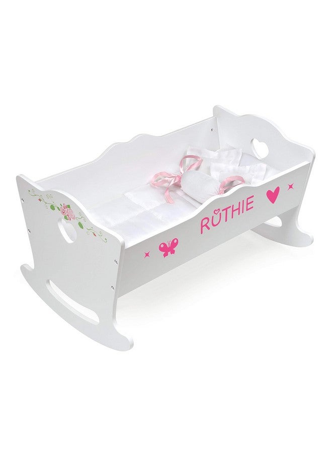 Toy Rocking Doll Bed With White Bedding And Personalization Kit For 20 Inch Dollswhite Rose