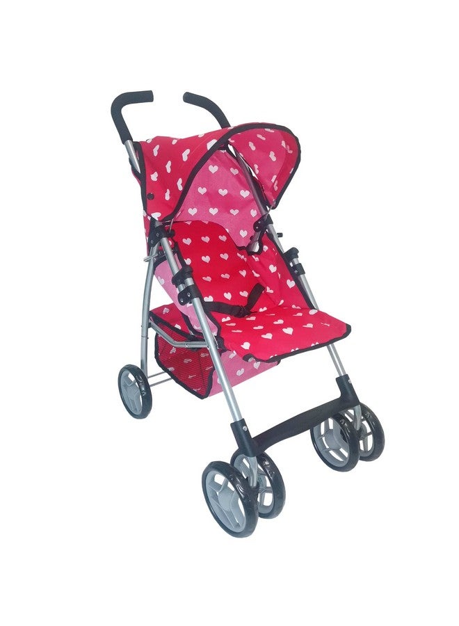 Baby Doll Stroller For Toddler Girls & Big Kids Up To 8 Years Old 28” Baby Stroller For Dolls Toy Baby Stroller With Cute Pink Hearts Pattern Storage Basket Canopy Handle Grips Swivel Wheels