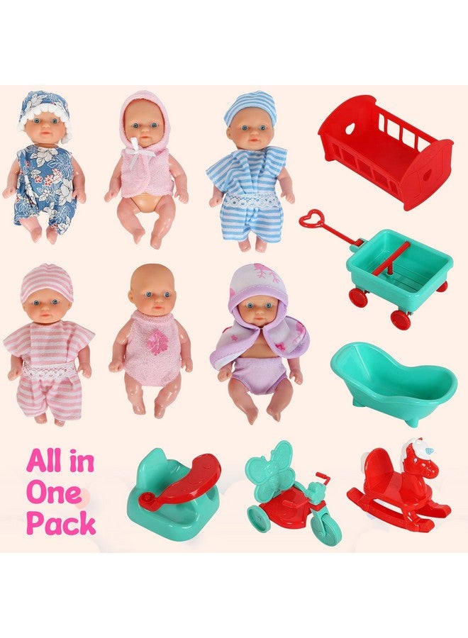 6 Mini Doll Set5 Inch Baby Girl Toyprincess Toys Dollsbaby Doll Crib High Chair Bathtub Horse See Saw Wagon And Bike Accessoriesdolls For 3+ Year Old Girls