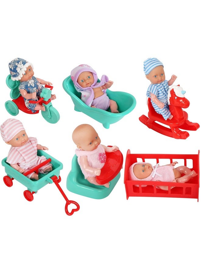 6 Mini Doll Set5 Inch Baby Girl Toyprincess Toys Dollsbaby Doll Crib High Chair Bathtub Horse See Saw Wagon And Bike Accessoriesdolls For 3+ Year Old Girls