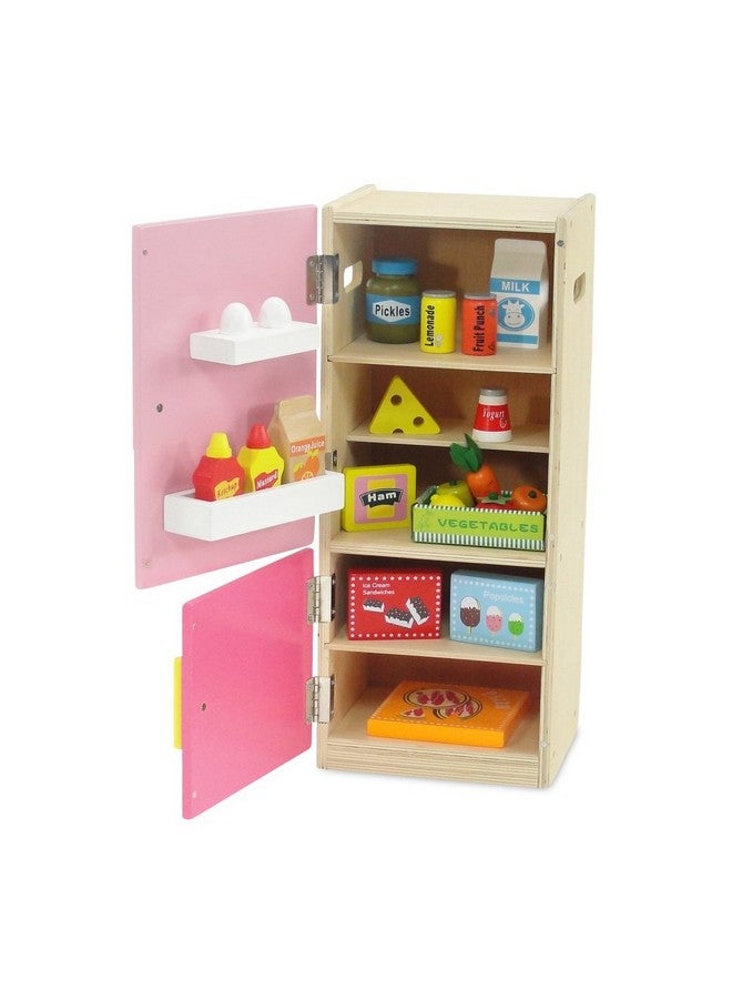 18 Inch Doll Wooden Play Kitchen Refrigerator Freezer Toy Gift Set Includes 20 Pretend Food Accessories Doll Not Included