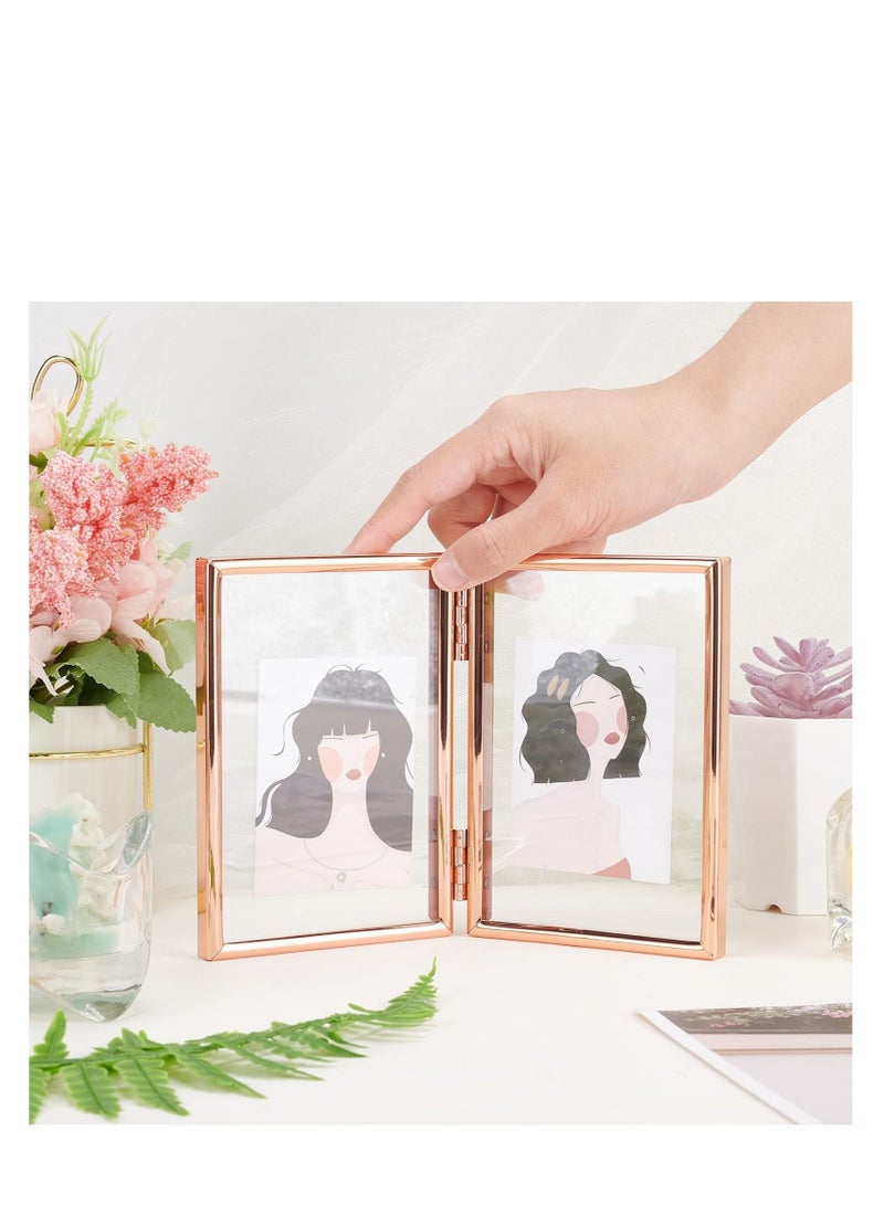 SYOSI Folding Double Metal Photo Frames Double-Sided and Glass Picture Hinged Family Frame for Desktop or Tabletop DIY Foldable(3x5 inch)