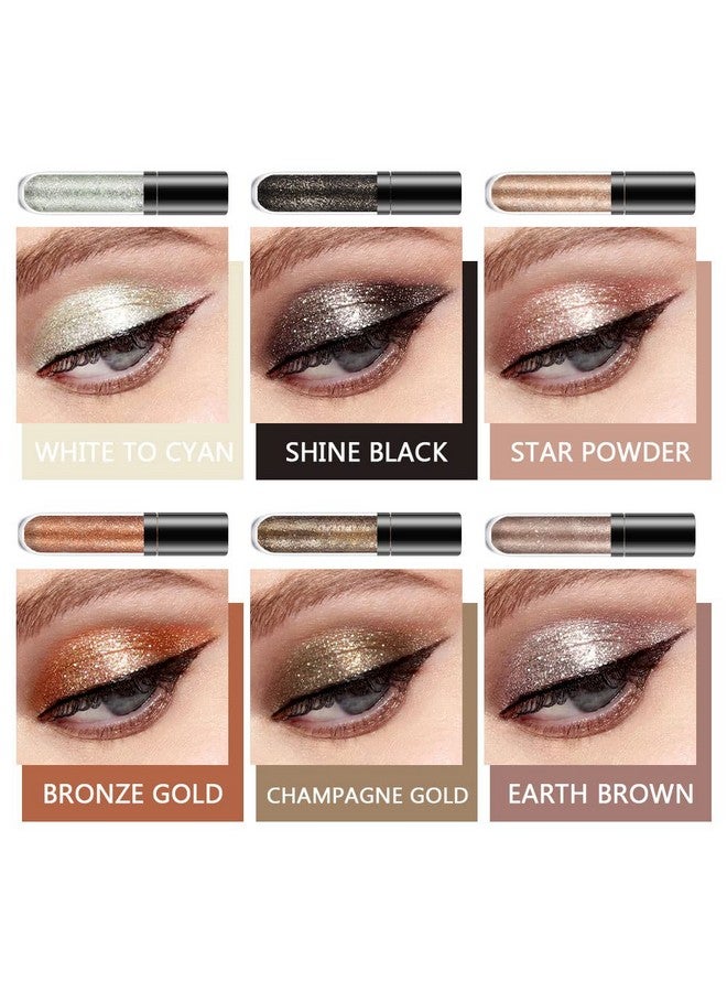 6 Colors Gold Liquid Glitter Eyeshadow Colorful Liquid Eyeliner Set Silver Shimmer Sparkle Shiny Light Glitter Metallic Pigment Eye Shadow Liner Makeup Palette Kit Quick Drying Longwearing A