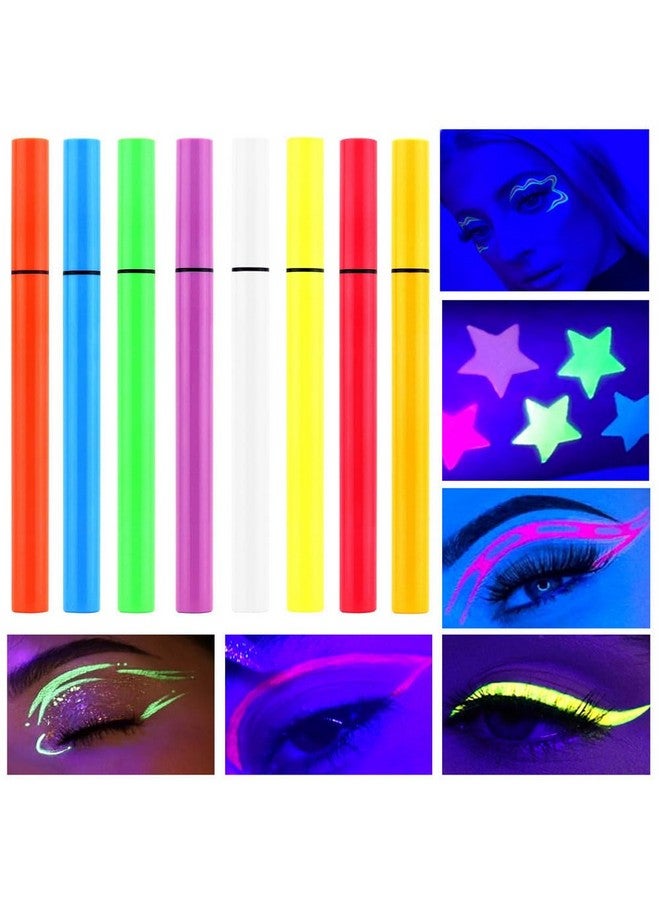 8 Colors Neon Colorful Liquid Eyeliner Makeup Set Kit Uv Glow In The Dark Bright Rainbow Matte Colored Pigmented Graphic Liquid Eyeliners Pen Set For Body Face Paint Delineador De Ojos Líquido De Neón