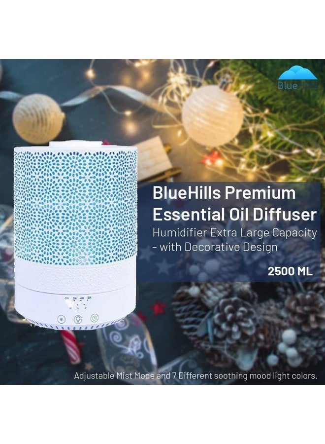 2500 Ml Xl Essential Oil Diffuser Aroma Humidifier With Timer For Large Home Decor Baby Rooms Big Huge 2.5 L Capacity Long Run Color Changing Lights Decorative Design High Mist White F002