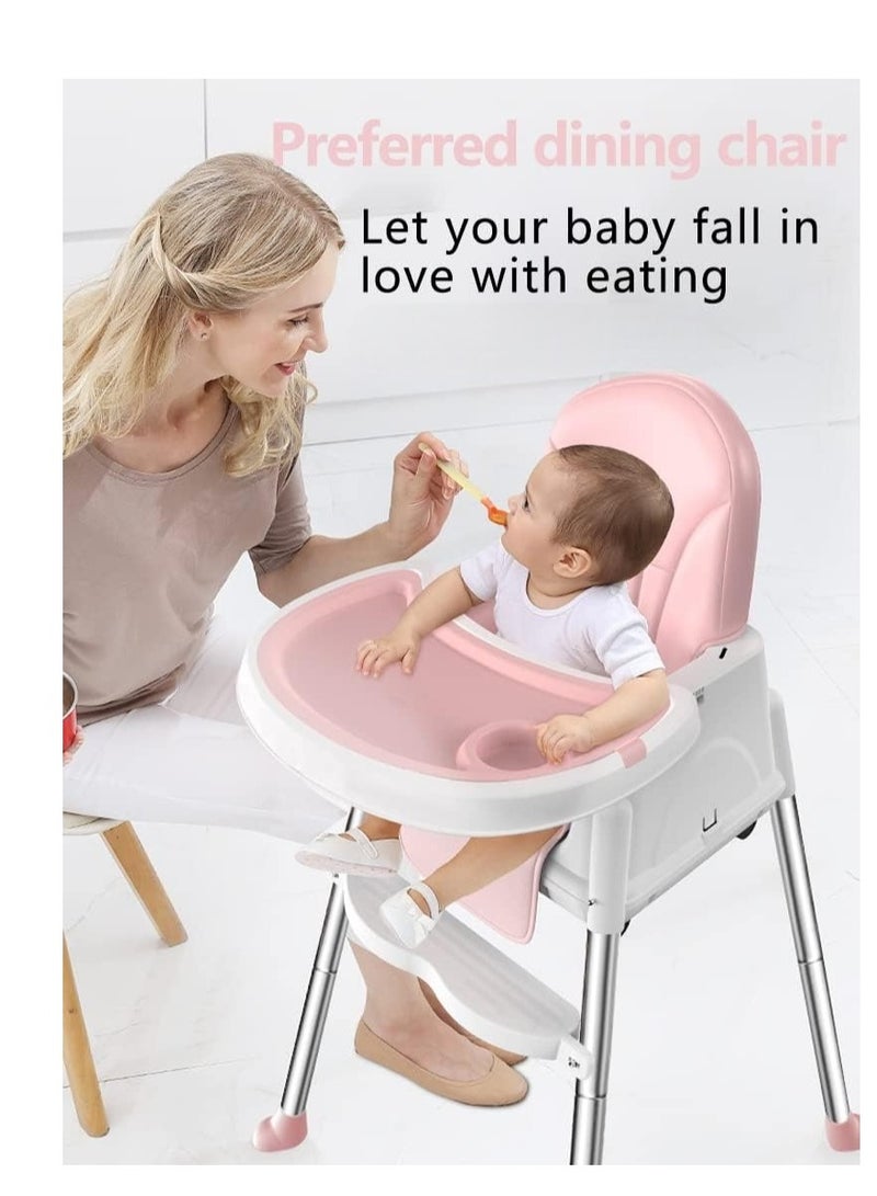 Foldable and portable household baby highchair with multifunctional features equipped with roller wheels for convenient mobility during mealtime.