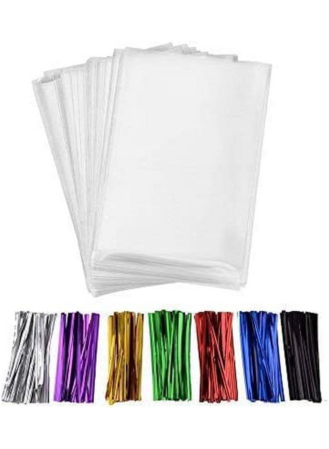 200 Pcs 10 In X 6 In(1.4Mil.) Clear Flat Cello Cellophane Treat Bags Good For Bakery Cookies Candiesdessert With Five Random Color Twist Ties!
