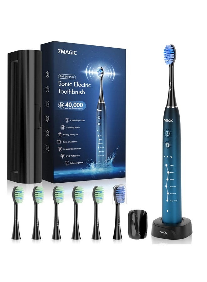 Sonic Electric Toothbrush For Adults Rechargeable Toothbrush With 6 Mode & 3 Intensity 40000Vpm Toothbrush With 6 Brush Heads Travel Case 60 Days Battery Life Wireless Charging 2Min Smart Timer