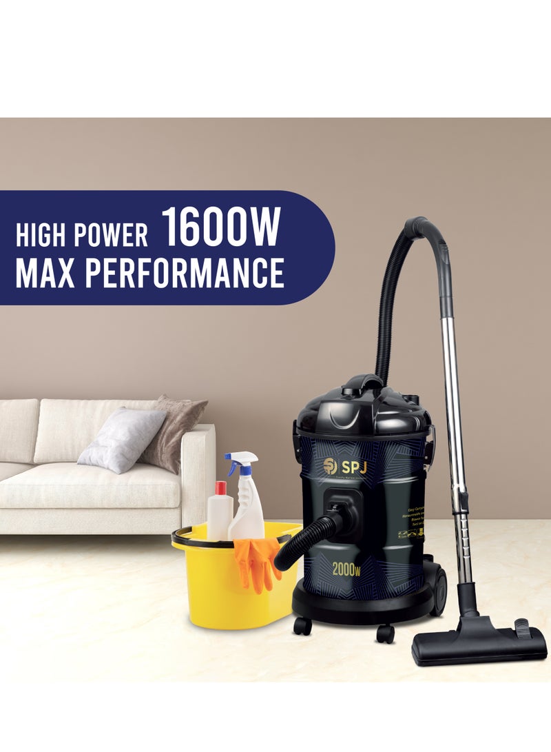 SPJ Vacuum Cleaner, 2000W Drum Vacuum Cleaner, 25L Capacity, 100% Copper Motor, Dust Full Indicator, Solid And Durable Iron Tank, Easy Parking Nozzle, Home & Office, BLACK, DVCW-BL25L02