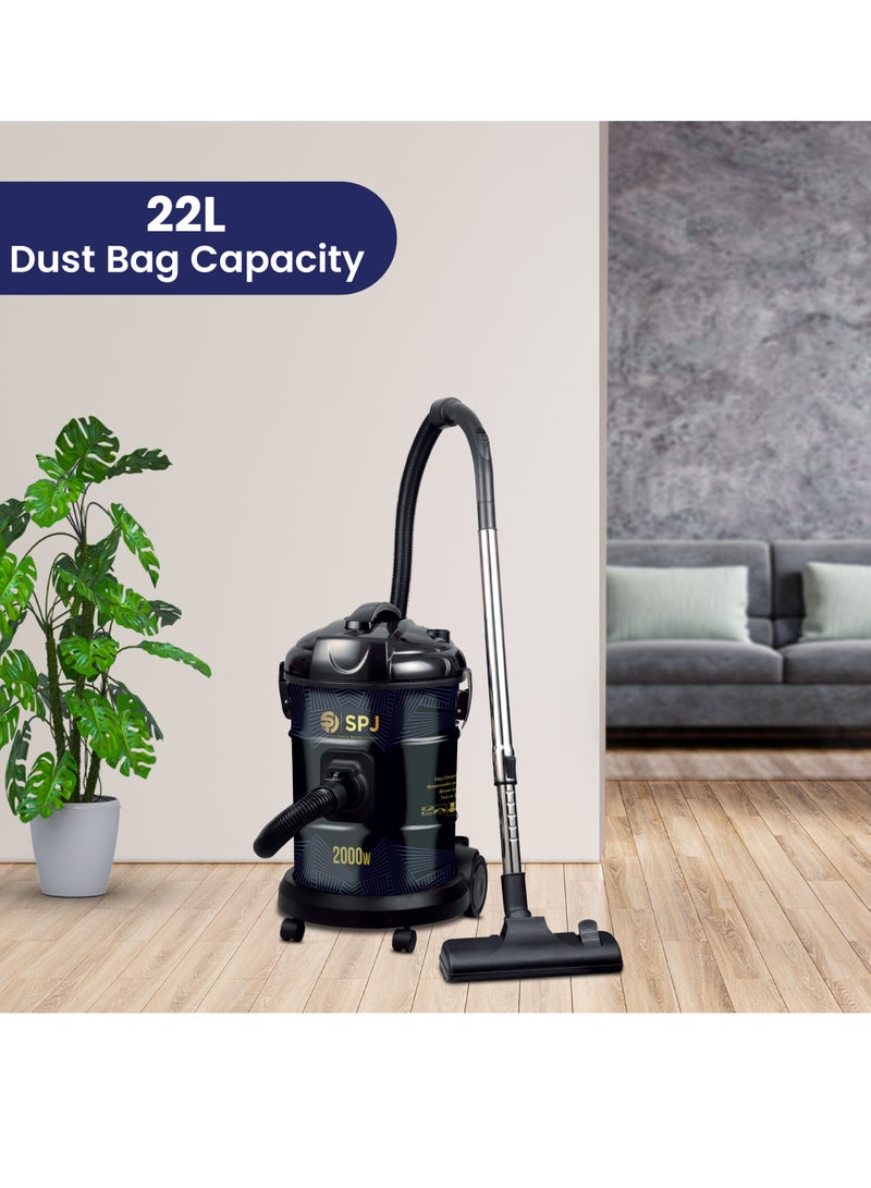 SPJ Vacuum Cleaner, 2000W Drum Vacuum Cleaner, 25L Capacity, 100% Copper Motor, Dust Full Indicator, Solid And Durable Iron Tank, Easy Parking Nozzle, Home & Office, BLACK, DVCW-BL25L02