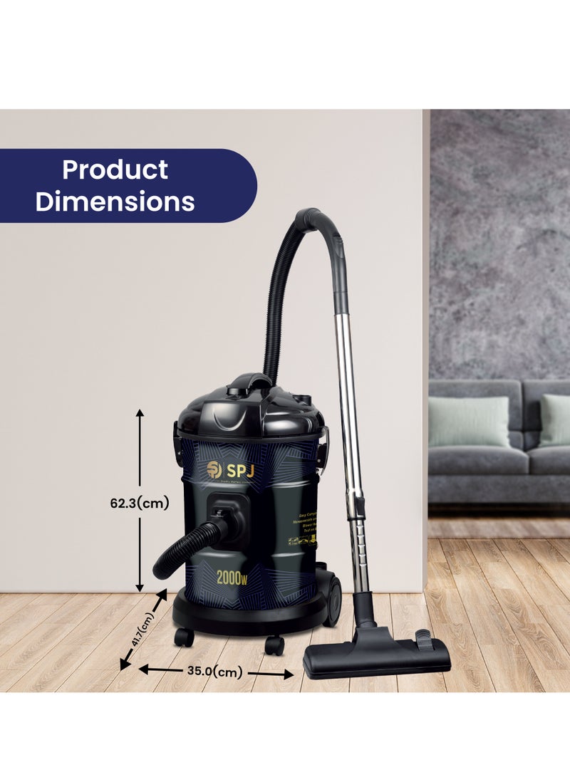 SPJ Vacuum Cleaner, 2000W Drum Vacuum Cleaner, 25L Capacity, 100% Copper Motor, Dust Full Indicator, Solid And Durable Iron Tank, Easy Parking Nozzle, Home & Office, BLACK, DVCW-BL25L02