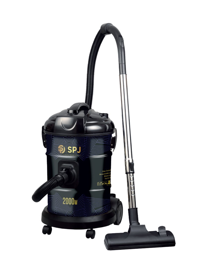 SPJ Vacuum Cleaner, 2000W Drum Vacuum Cleaner, 25L Capacity, 100% Copper Motor, Dust Full Indicator, Solid And Durable Iron Tank, Easy Parking Nozzle, Home & Office, BLACK, DVCW-BL25L02