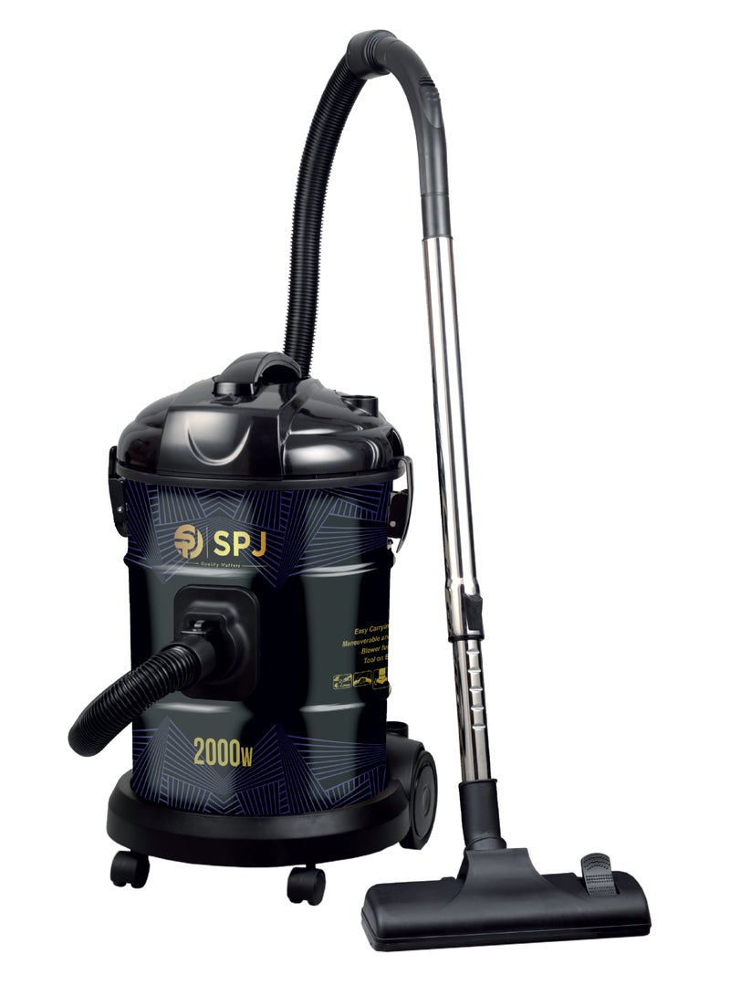 SPJ Vacuum Cleaner, 1600W Drum Vacuum Cleaner, 22L Capacity, 100% Copper Motor, Dust Full Indicator, Solid And Durable Iron Tank, Easy Parking Nozzle, Home & Office, BLACK, DVCW-BL22L01