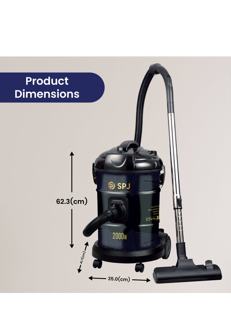 SPJ Vacuum Cleaner, 1600W Drum Vacuum Cleaner, 22L Capacity, 100% Copper Motor, Dust Full Indicator, Solid And Durable Iron Tank, Easy Parking Nozzle, Home & Office, BLACK, DVCW-BL22L01