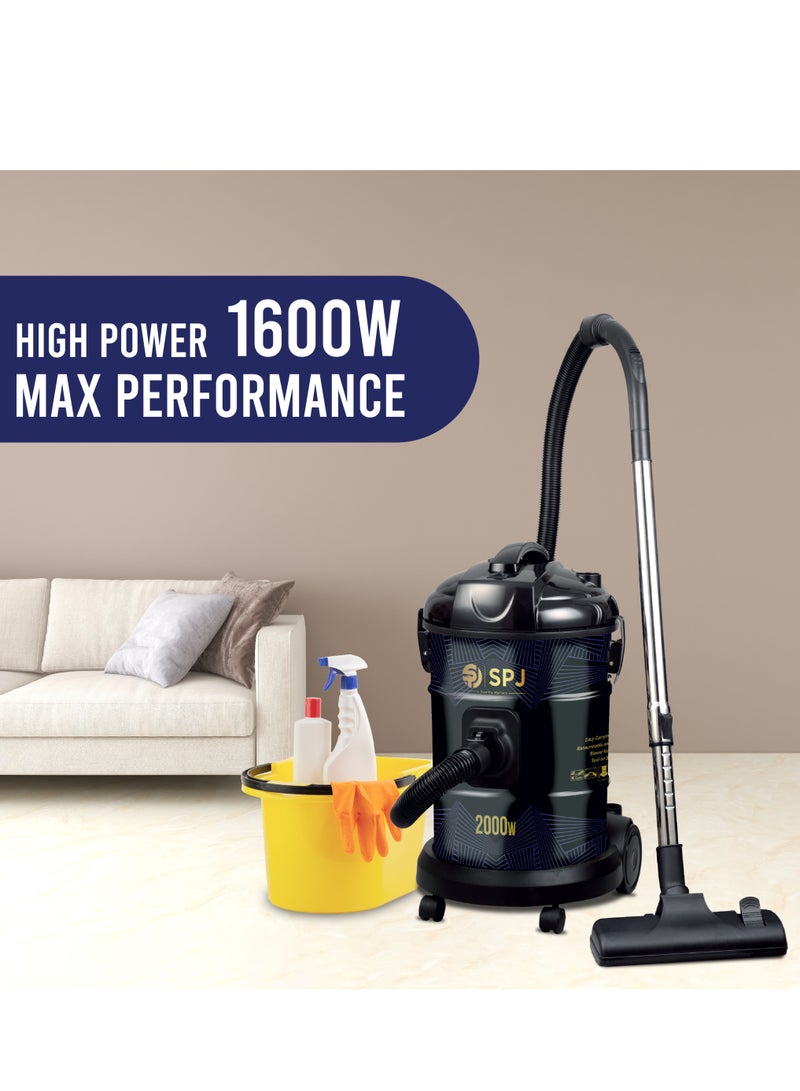 SPJ Vacuum Cleaner, 1600W Drum Vacuum Cleaner, 22L Capacity, 100% Copper Motor, Dust Full Indicator, Solid And Durable Iron Tank, Easy Parking Nozzle, Home & Office, BLACK, DVCW-BL22L01