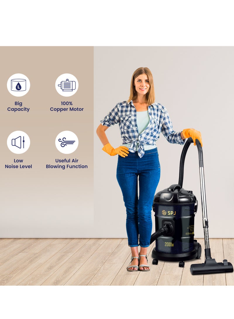 SPJ Vacuum Cleaner, 1600W Drum Vacuum Cleaner, 22L Capacity, 100% Copper Motor, Dust Full Indicator, Solid And Durable Iron Tank, Easy Parking Nozzle, Home & Office, BLACK, DVCW-BL22L01