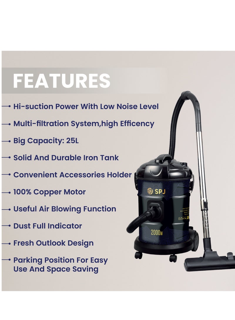 SPJ Vacuum Cleaner, 1600W Drum Vacuum Cleaner, 22L Capacity, 100% Copper Motor, Dust Full Indicator, Solid And Durable Iron Tank, Easy Parking Nozzle, Home & Office, BLACK, DVCW-BL22L01