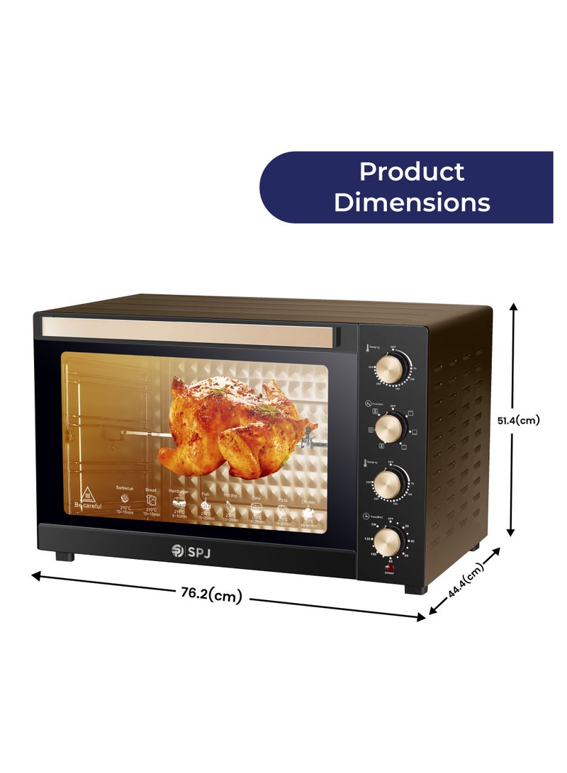 SPJ Electric Oven 120L, 2800W with 7 Power Levels, Adjustable 70–250°C Temperature, 120 Min Timer, 360° Motorised Rotisserie & Inner Lamp – Black & Brown, Model EOW-BR120L03