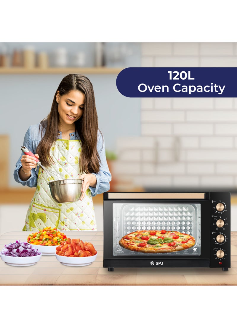 SPJ Electric Oven 120L, 2800W with 7 Power Levels, Adjustable 70–250°C Temperature, 120 Min Timer, 360° Motorised Rotisserie & Inner Lamp – Black & Brown, Model EOW-BR120L03