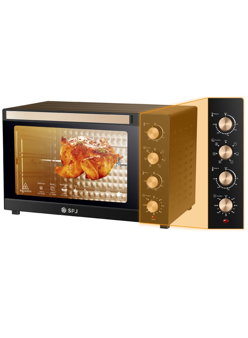 SPJ Electric Oven 120L, 2800W with 7 Power Levels, Adjustable 70–250°C Temperature, 120 Min Timer, 360° Motorised Rotisserie & Inner Lamp – Black & Brown, Model EOW-BR120L03