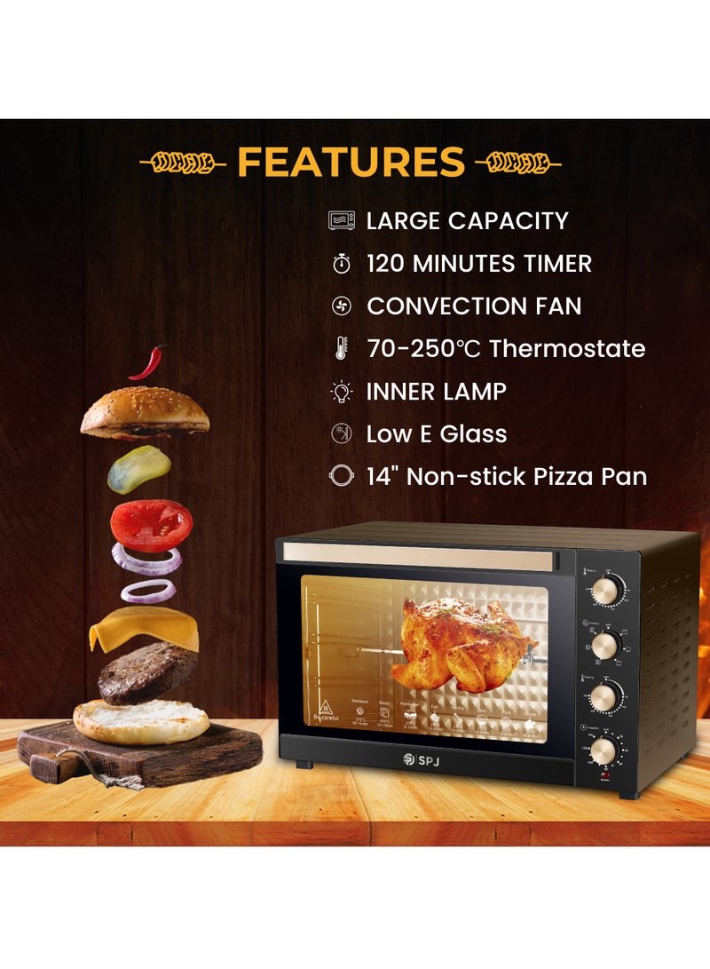 SPJ Electric Oven 120L, 2800W with 7 Power Levels, Adjustable 70–250°C Temperature, 120 Min Timer, 360° Motorised Rotisserie & Inner Lamp – Black & Brown, Model EOW-BR120L03