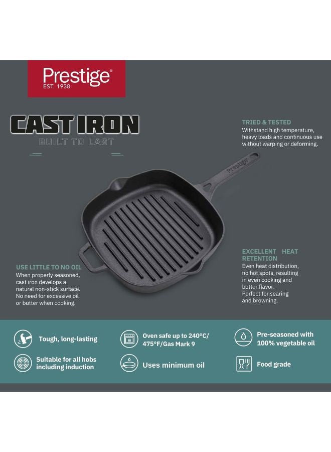 Prestige Cast Iron Grill 24 CM | Iron Grill Pan with Handle | Pre Seasoned Induction Cookware Black - PR48897