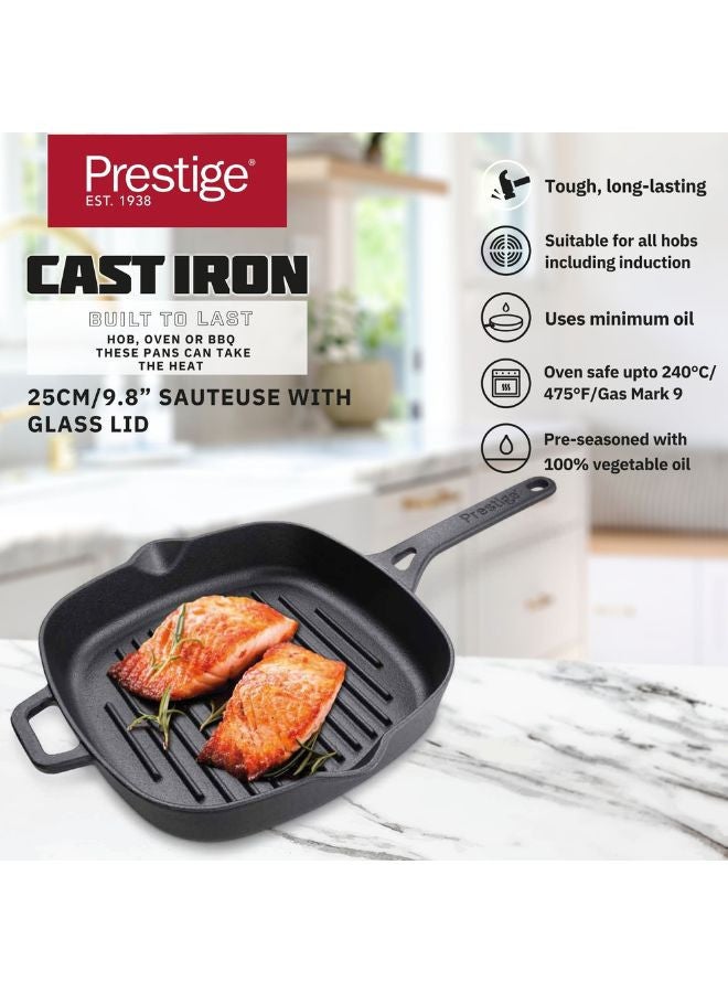 Prestige Cast Iron Grill 24 CM | Iron Grill Pan with Handle | Pre Seasoned Induction Cookware Black - PR48897
